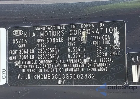 2016 Kia Sedona Lx from USA, damaged, VIN KNDMB5C13G6102882